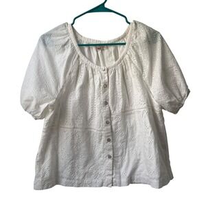 Faherty Top Womens Small‎ White Eyelet Lace Button Short Sleeve Organic Cotton